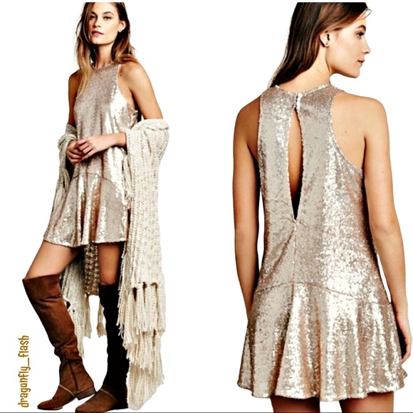 Free People Dresses & Skirts - Free People Liquid Shine Gold Sequin Bottom Flare Mini Dress Small